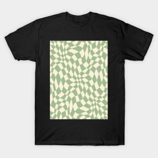 Green and Cream Distorted Warped Checkerboard Pattern II T-Shirt